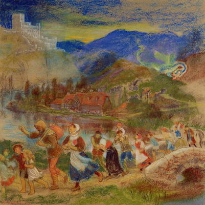 Villagers fleeing from a dragon from Arthur Hughes