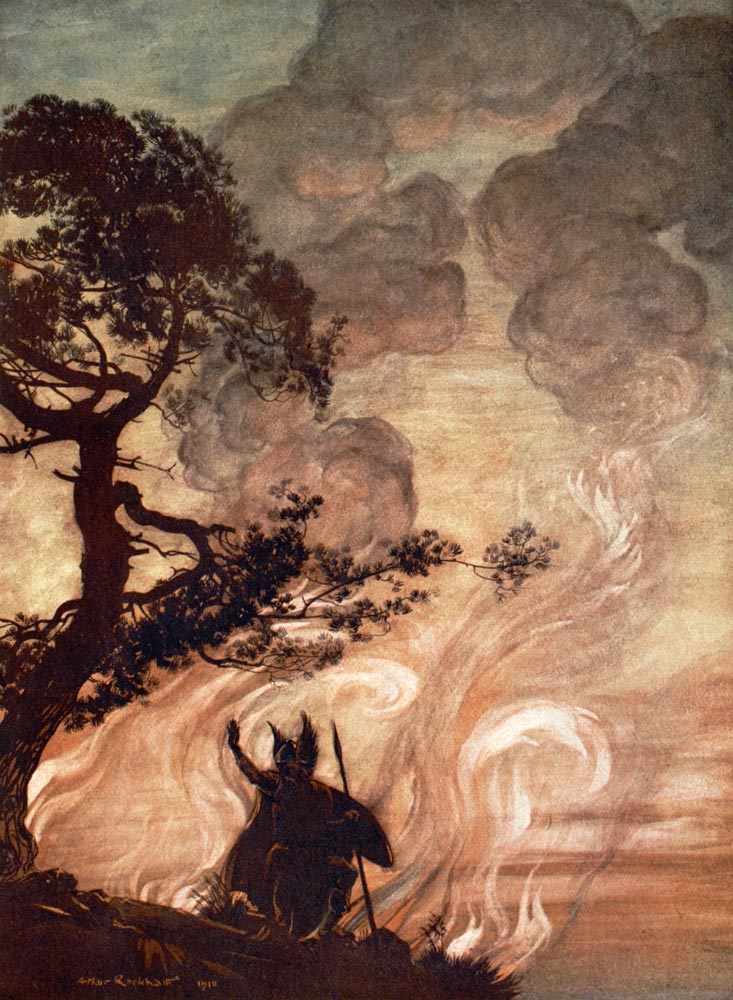 Wotan turns and looks sorrowfully back at Brünnhilde. Illustration for "The Rhinegold and The Valkyr from Arthur Rackham