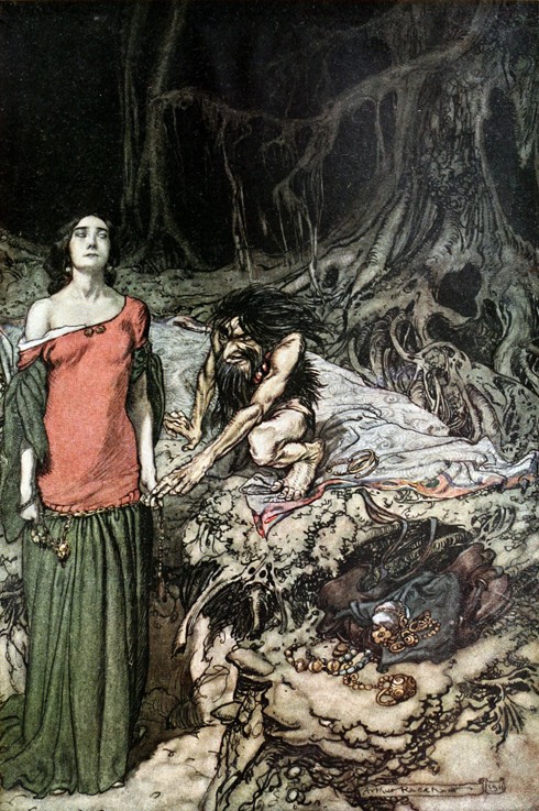 The wooing of Grimhilde, the mother of Hagen. Illustration for "Siegfried and The Twilight of the Go from Arthur Rackham