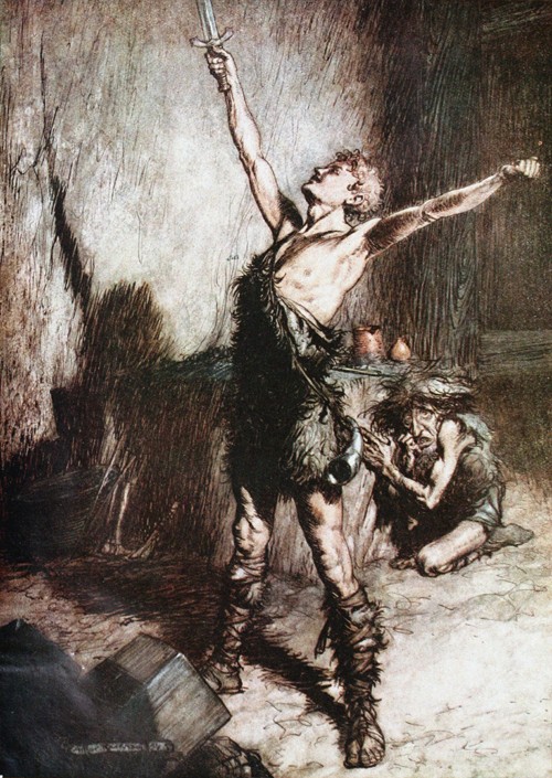 Siegfried forges his sword. Illustration for "Siegfried and The Twilight of the Gods" by Richard Wag from Arthur Rackham