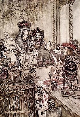 Knave before the King and Queen of Hearts, illustration to ''Alice''s Adventures in Wonderland'' Lew