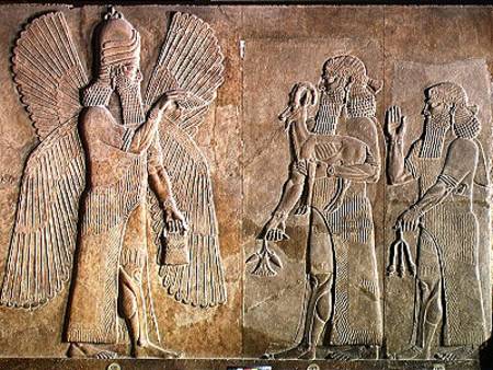 Frieze depicting a winged spirit, a sargon or priest carrying a gazelle and a worshipper carrying a from Assyrian