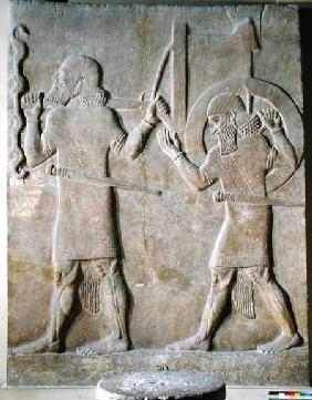 Relief depicting two soldiers carrying the king's war chariot, from the Palace of Sargon II, Khorsab