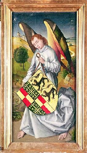 Angel holding a shield with the heraldic arms of de Chaugy and Montagu families with the two leopard