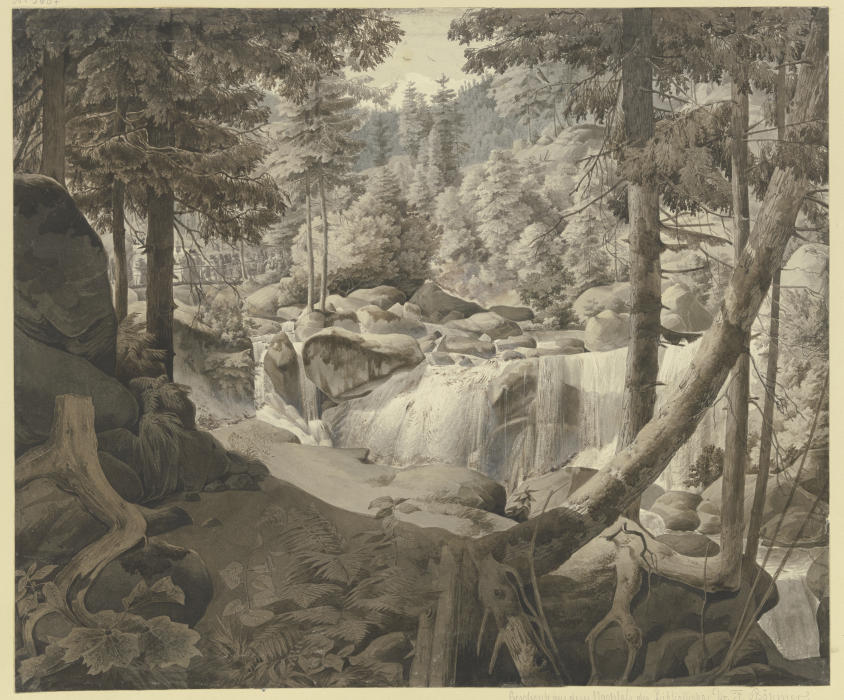 Waldlandschaft mit Wasserfall, im Hintergrund Pilger, über eine Brücke gehend from August Lucas