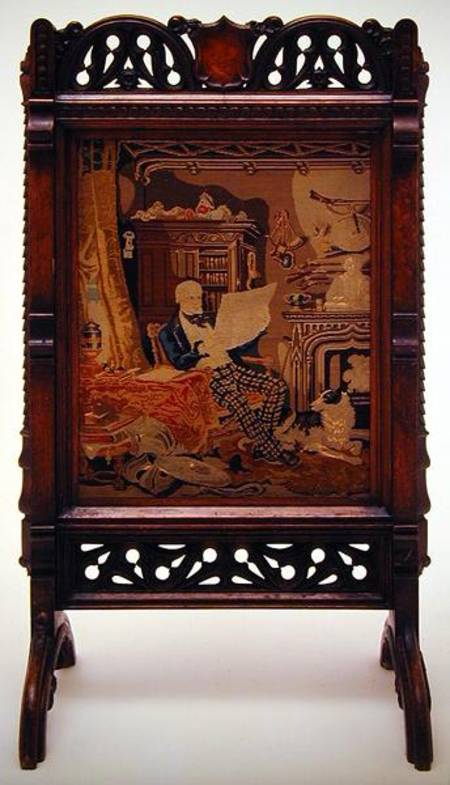 Fire screen with a tapestry depicting a gentleman reading in his drawing room from Augustus Welby Northmore Pugin