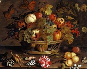 Quiet life with grapes, apples, peach, plums and flowers