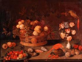 A Still Life of Peaches, Apples and Grapes in a Wicker Basket, Flowers in a Chinese Vase and Two Par