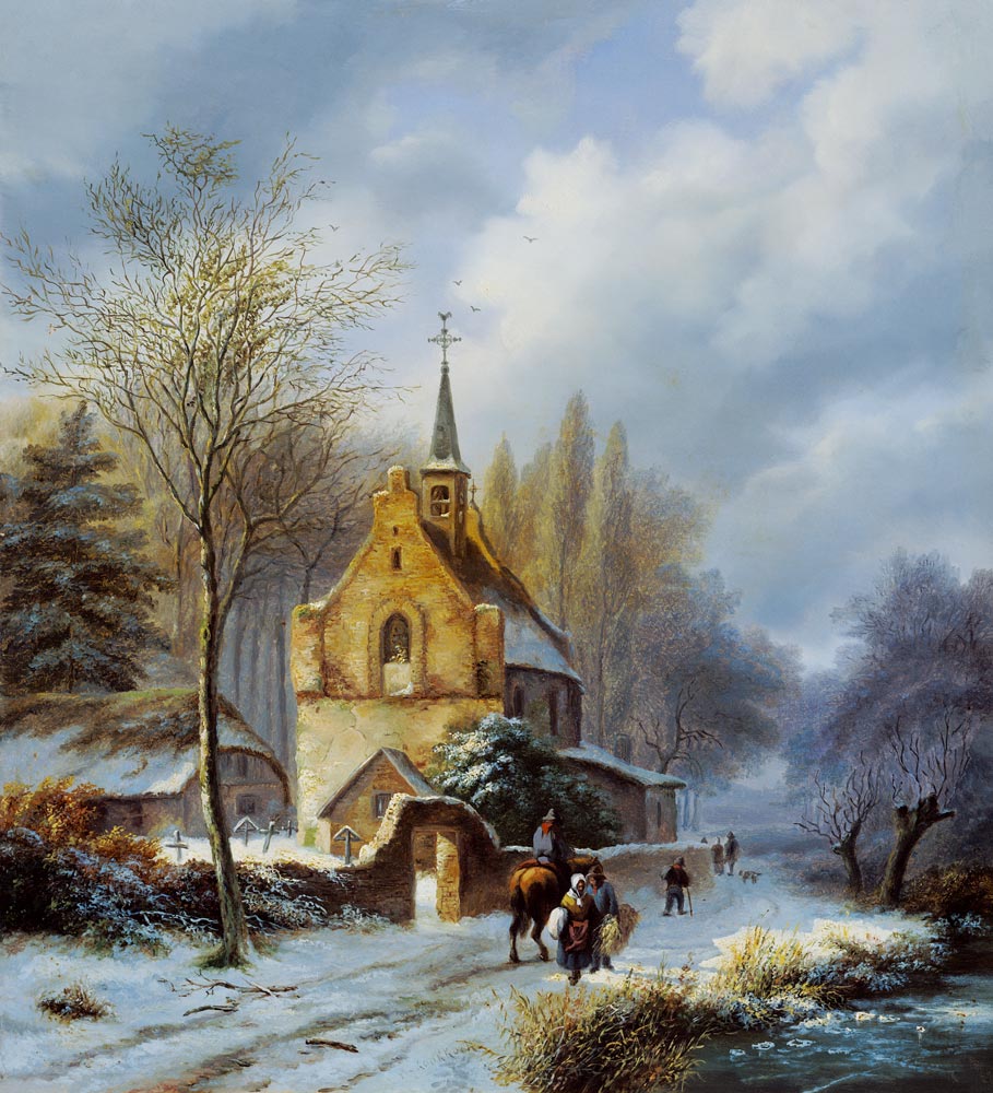 Winter landscape at a church from Barend Cornelisz. Koekkoek