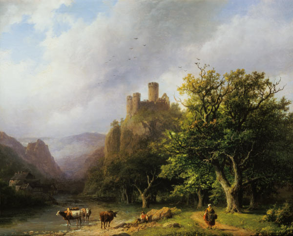 Riverside with castle ruin from Barend Cornelisz. Koekkoek