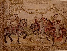 Johann Graf of Nassau with his wife as well as his nurse and sister-in-law to horse from Barent van Orley