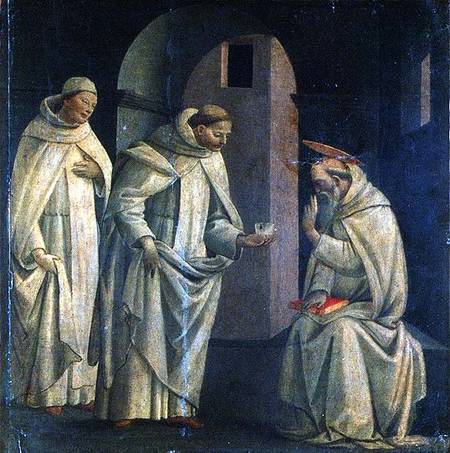 Scenes from the Life of St. Benedict: St. Benedict blessing the cup of poison which shatters, predel from Bartolomeo  di Giovanni