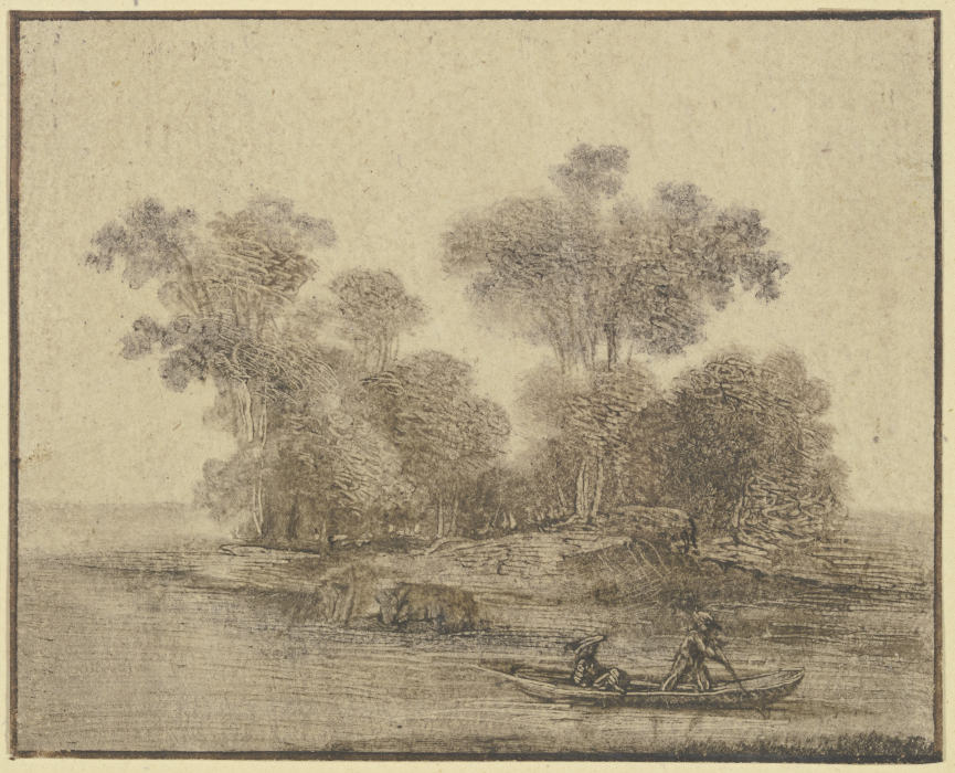 Ein Kahn mit einem stehenden und einem sitzenden Mann vor einer bewaldeten Insel from Benjamin Calau