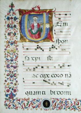 Historiated initial 'V' depicting St. Agatha (vellum)