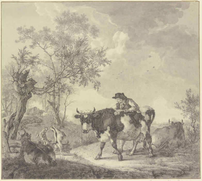 Ein Bauer bei seiner Kuh stehend verfolgt den Kampf zweier Ziegenböcke from Bernhard Heinrich Thier