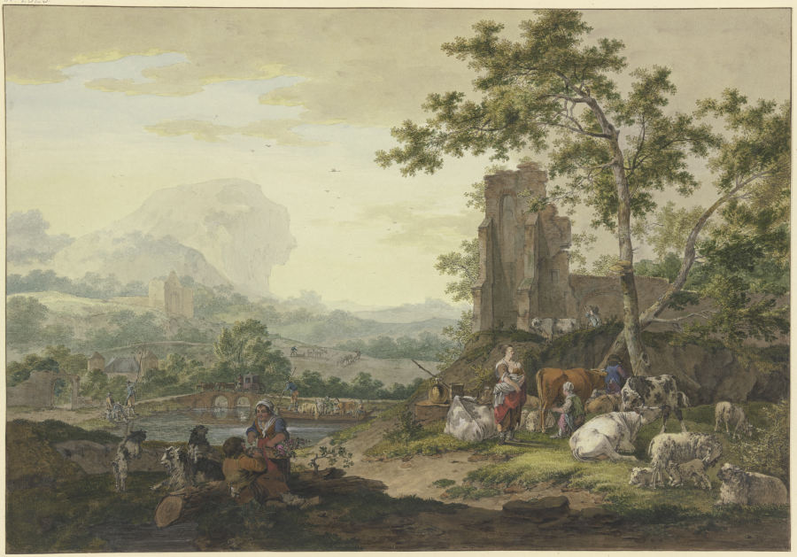 Landschaft, rechts eine Ruine, dabei eine Gruppe von Vieh mit Hirten, eine Frau melkt eine Kuh, der  from Bernhard Heinrich Thier