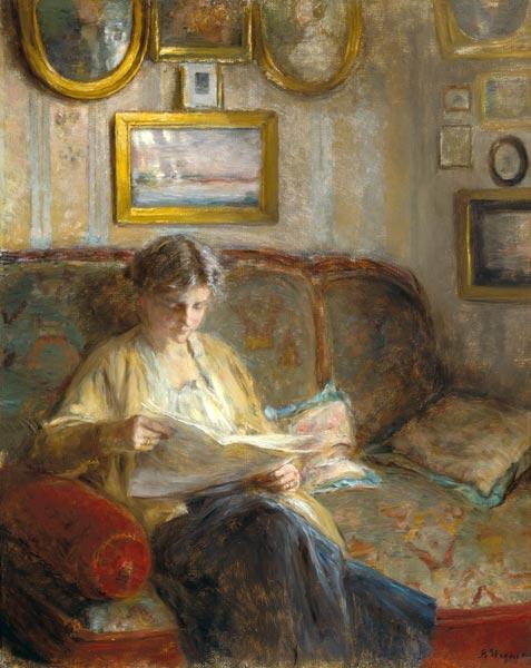 Reading woman in an interior.