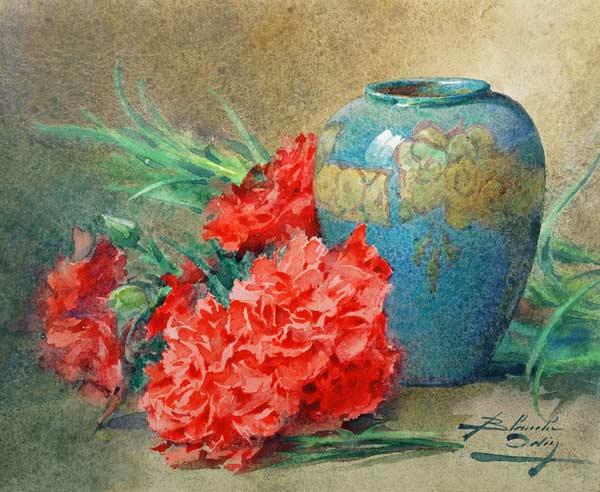 Still Life with Carnations beside a Blue Glazed Vase