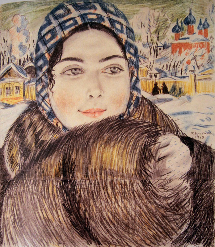 A young merchant's wife in the a checkered scarf from Boris Michailowitsch Kustodiew