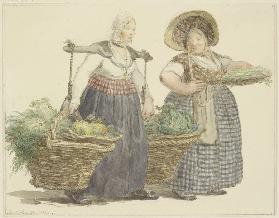 Zwei Gemüsehändlerinnen mit ihrer Ware