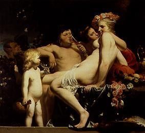 Bacchus with two nymphs and Amor from Caesar Boëtius Everdingen