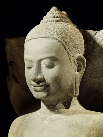 Buddha in Meditation on the Naga King, Mucilinda, detail of Buddha's head, from Preah Khan, Bayon st from Cambodian