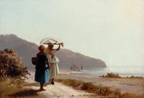 Two talking women on the sea beach