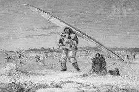 An Eskimaux of Igloolik, wearing a bird-skin jacket, carrying his canoe down to the water,
