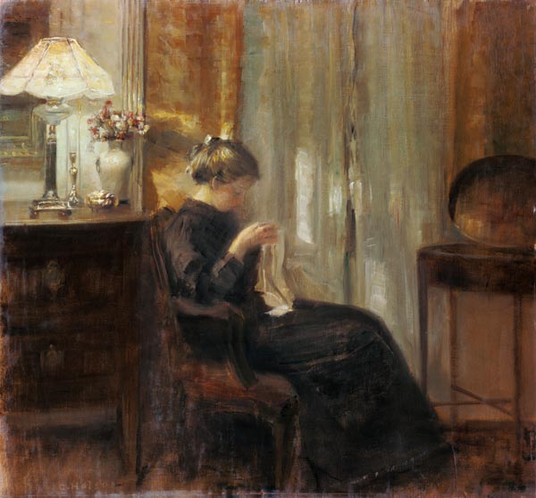 Woman in an interior doing needlework. from Carl Holsoe
