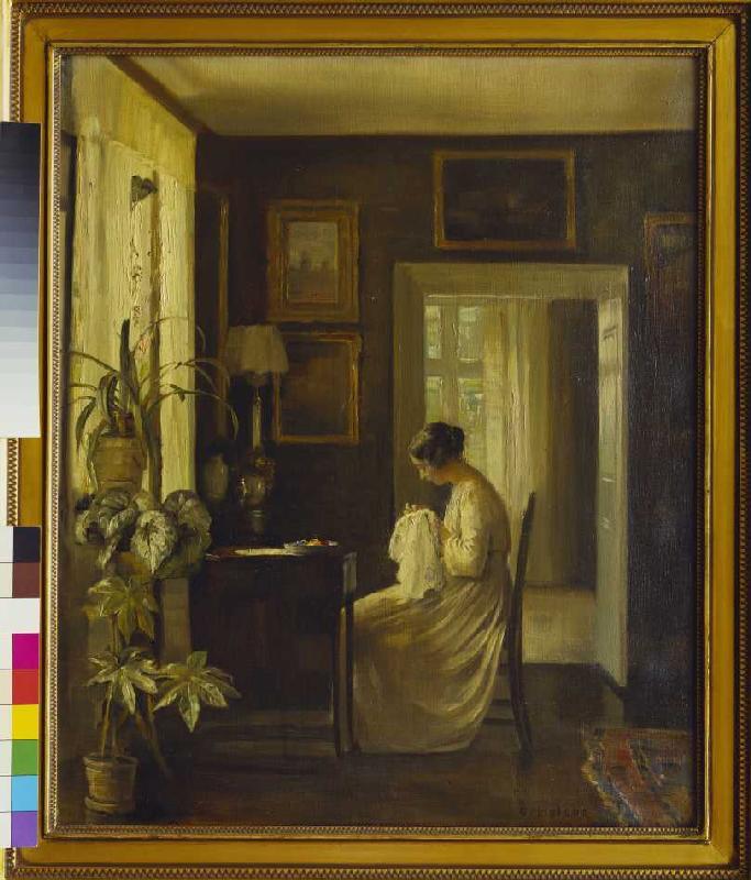 Interior with a sewing woman. from Carl Holsoe