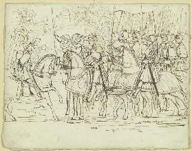 Ein von links kommender Ritter erstattet dem Anführer einer in einer Landschaft stehenden Ritterscha