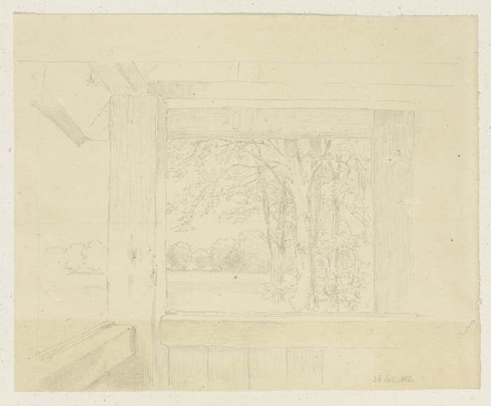 Blick aus einer Holzhütte auf eine Waldlichtung from Carl Theodor Reiffenstein