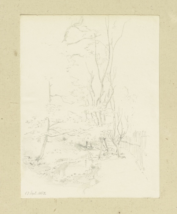 Hinter einem Zaun Bäume an einem trockengefallenen Wasserlauf from Carl Theodor Reiffenstein
