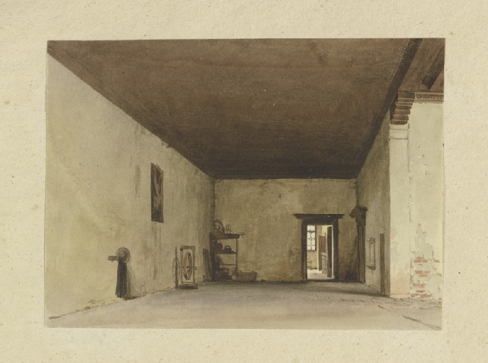 Spärlich möblierter Innenraum mit Spinnrad, von dem weitere Räume abgehen from Carl Theodor Reiffenstein