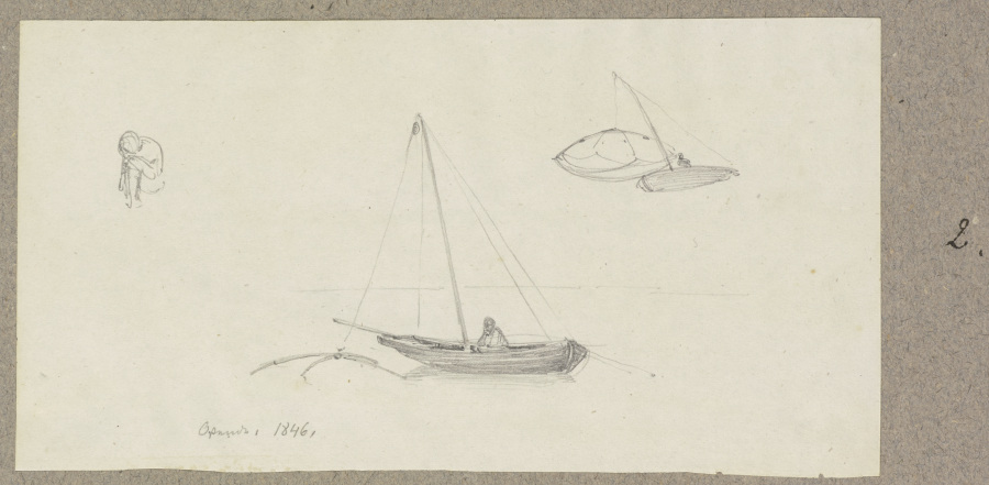 Studienblatt: Zwei Boote mit Fischern und Reusen, links eine kauernde Figur from Carl Theodor Reiffenstein