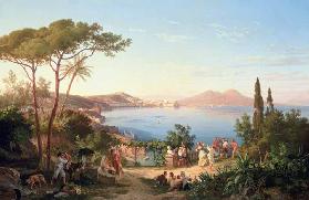 Bay of Naples with Dancing Italians, c.1850 (oil on canvas)