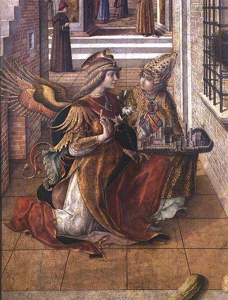 The Annunciation with St. Emidius, detail of the archangel Gabriel with the saint from Carlo Crivelli