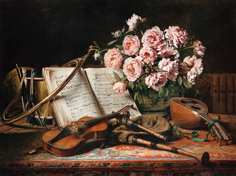 Music still life with peonies from Charles Antoine J. Loyeux