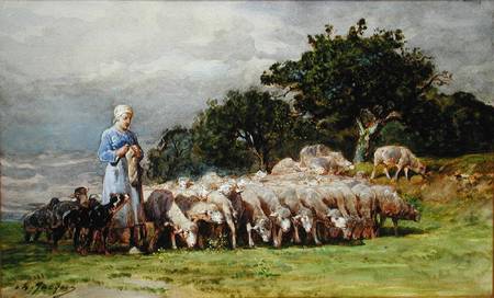 A Shepherdess with a Flock of Sheep from Charles Emile Jacques