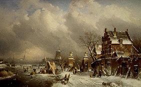 Wintry riverside with ice-skaters with pub and mill