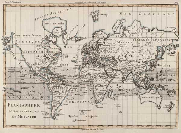 Map of the World using the Mercator Projection, from 'Atlas de Toutes les Parties Connues du Globe T from Charles Marie Rigobert Bonne