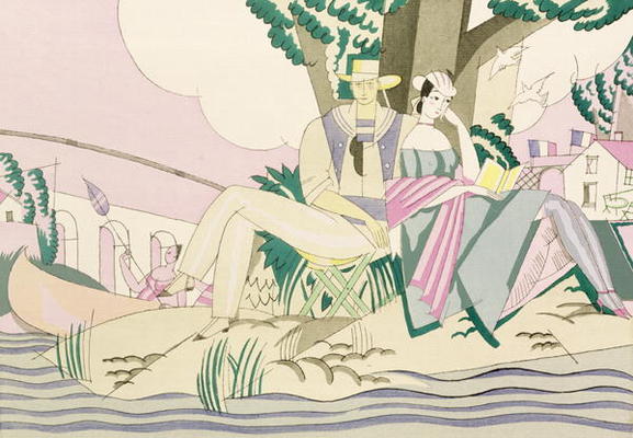 Picnic and Fishing Scene, c.1920 (stencil on paper) from Charles Martin