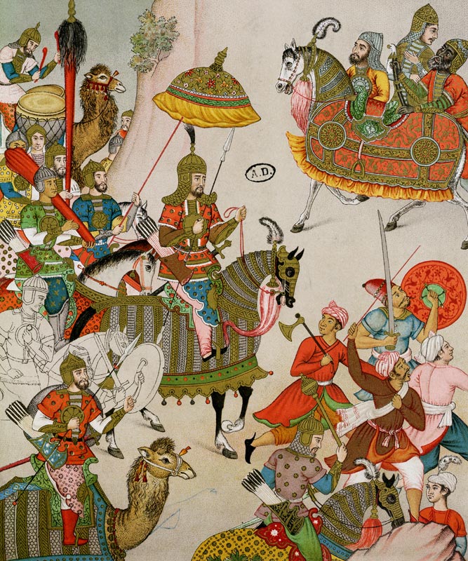 Emperor Babur (r.1526-30) at the head of his army, after a sixteenth century Mughal miniature (colou from Charpentier