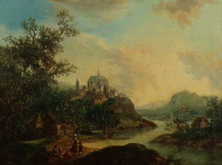 A Rhineland View with Figures in the foreground and a Fortified Town on a Hill Beyond from Christian Georg II Schutz or Schuz