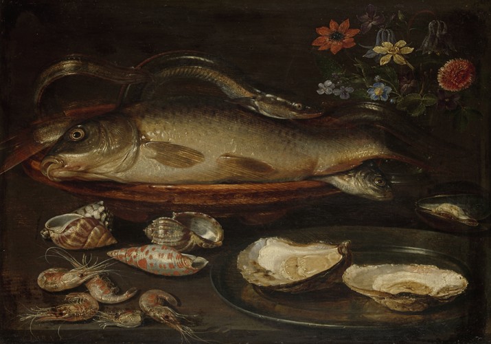 Still life with fish, oysters and shrimps from Clara Peeters