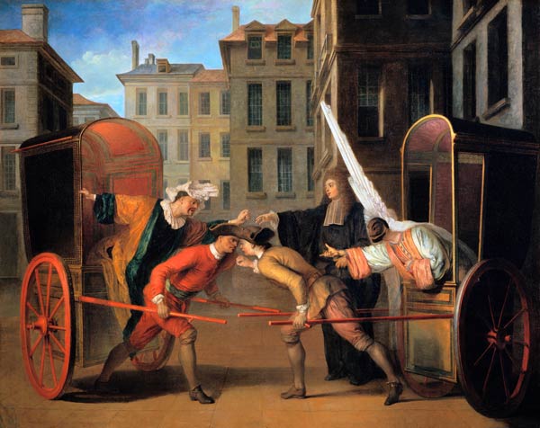 The Two Coaches, a scene added to the comedy 'The Fair at Saint-Germain' by Jean-Francois Regnard (1 from Claude Gillot