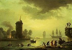 Seaport into evening atmosphere with lighthouse