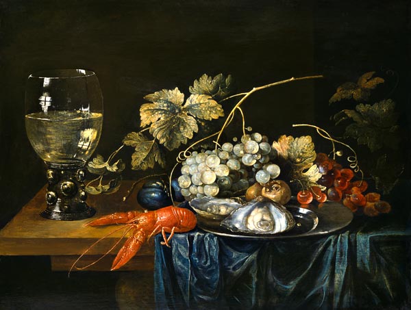 Quiet life with lobster, roman, mussels and fruits from Cornelis de Bryer