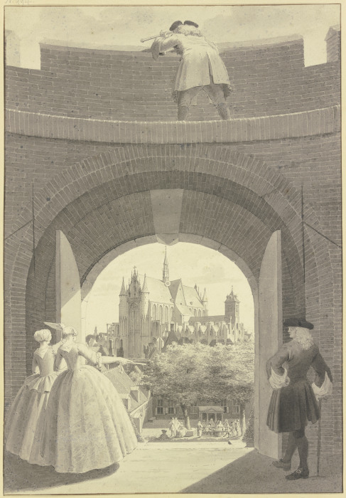 Die Hooglandse Kerk in Leiden, durch ein geöffnetes Tor in der Ringmauer der Burcht van Leiden geseh from Cornelis Pronk