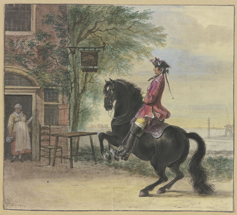 Ein Reiter mit Dreispitz und Zopf, im Hintergrund eine Kanallandschaft from Cornelis Troost